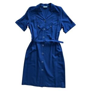 Dress Vintage Shirtdress 80s collared belted button down navy nautical retro